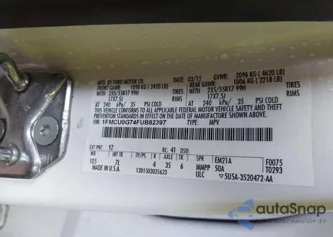 2015 Ford Escape Se из США, поврежденный, VIN 1FMCU0G74FUB82397